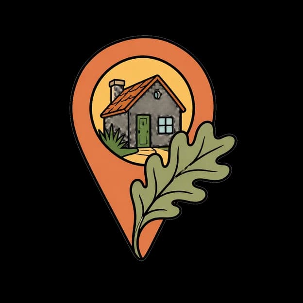 Illustrated bungalow inside an Austin map pin with oak leaves