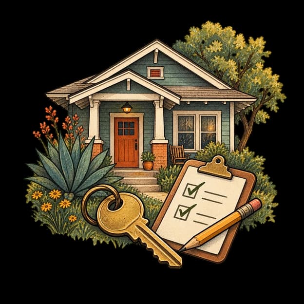 Illustrated Austin bungalow with a key and a home-evaluation checklist