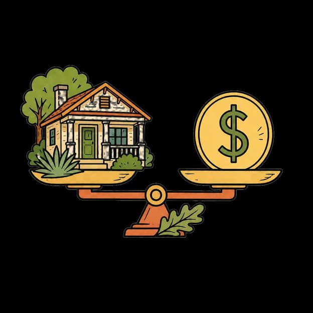 Illustrated scales weighing a house against a dollar