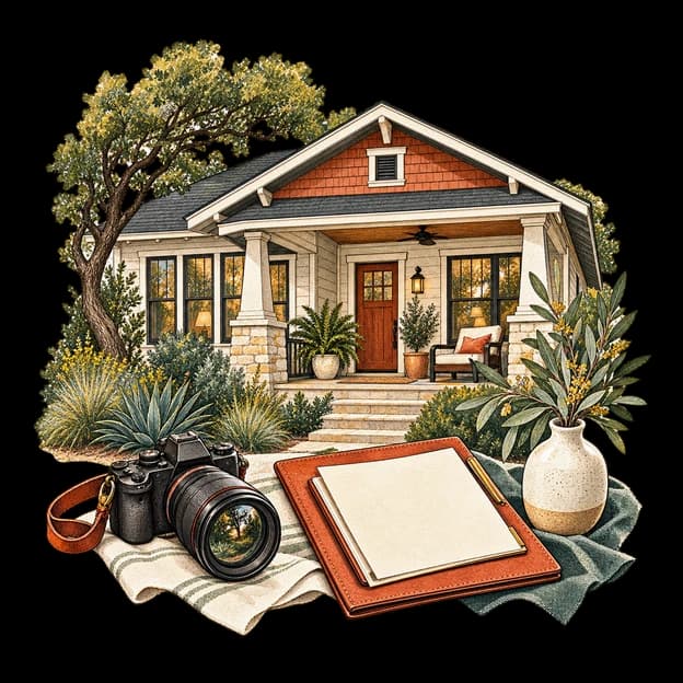 Illustrated prepared Austin bungalow with a camera and a blank marketing folio